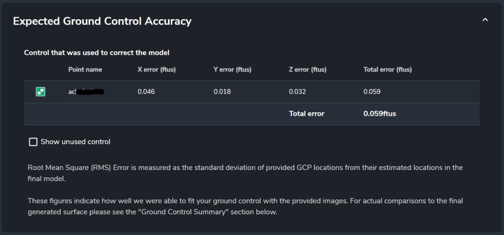 screenshot of expected ground control accuracy in processing report