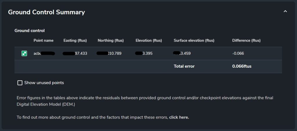 screenshot of ground control summary in processing report