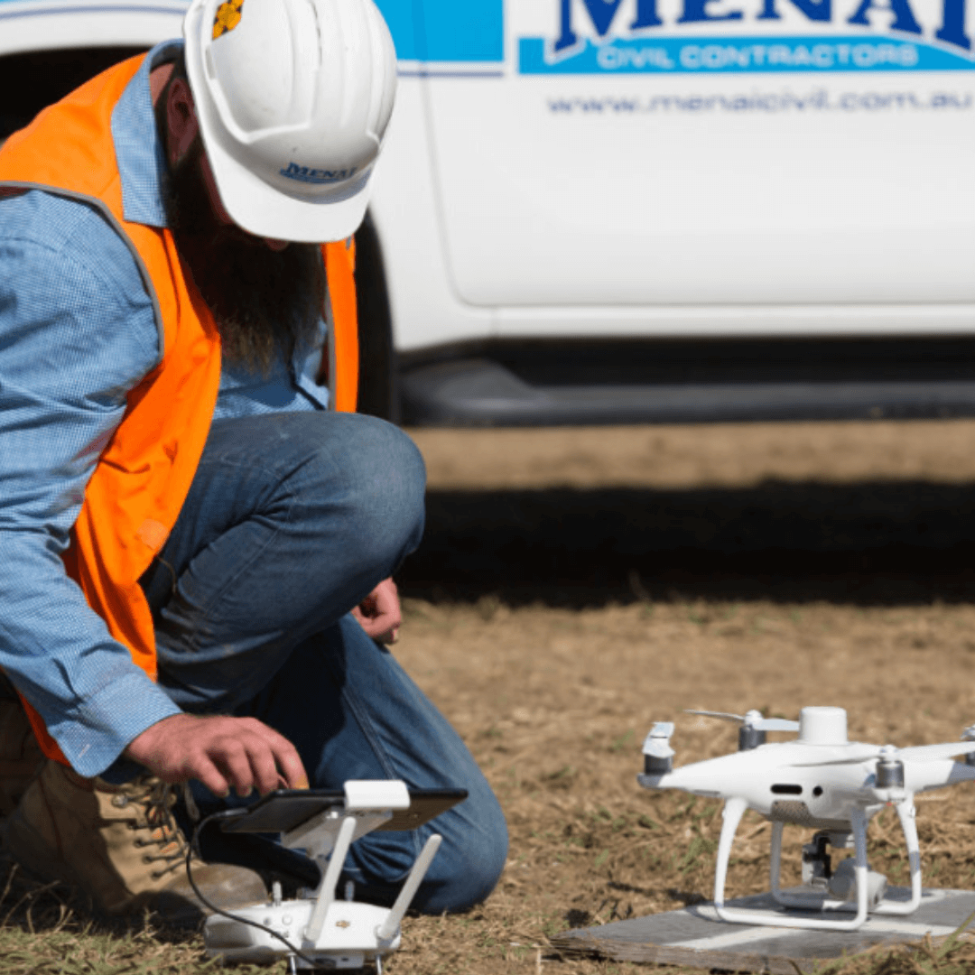 Menai Civil surveyor with a drone and GCP